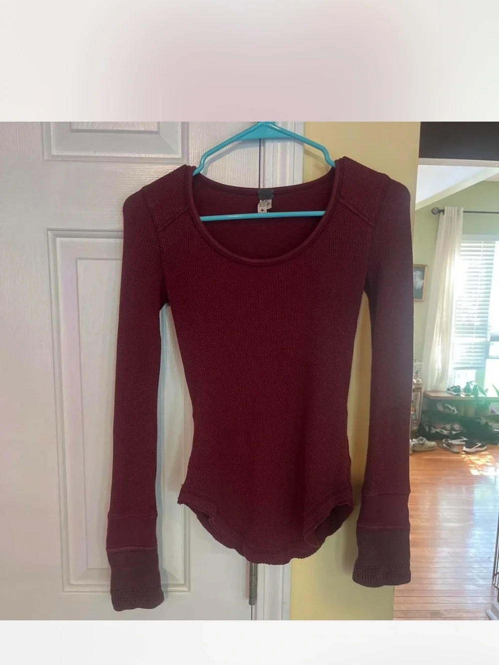 Free People Sunny Days Ribbed Scoop-Neck Long Sleeve Top in Burgundy